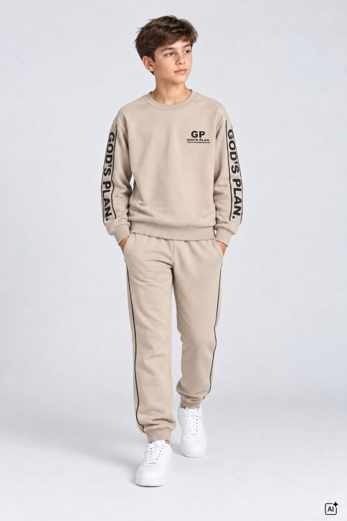Bej Erkek Çocuk Şerit Detaylı Yazı Baskılı Bisiklet Yaka Eşofman Takımı 25018