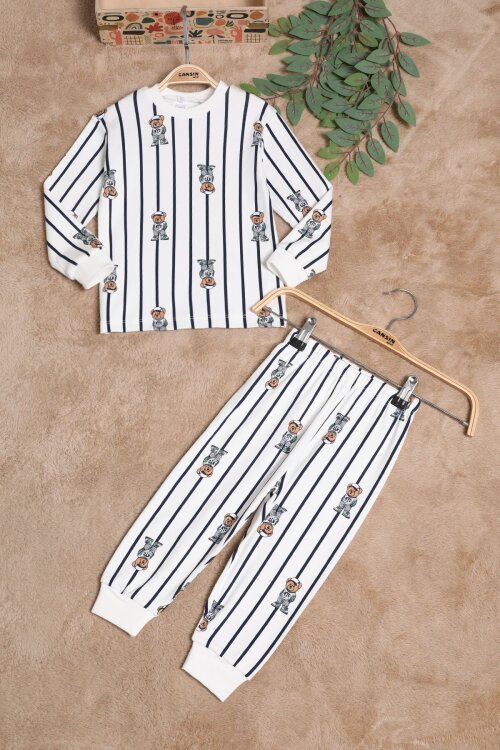 Beyaz Erkek Çocuk Çizgili Ayıcık Desenli Pijama Takımı 2-5 Yaş  25037
