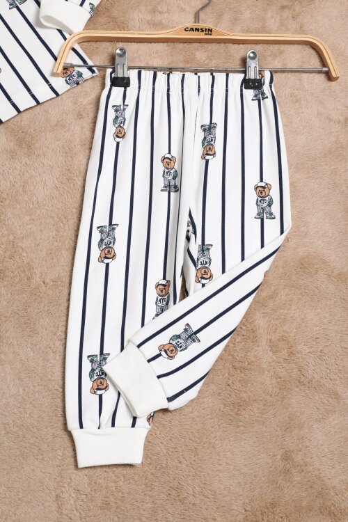 Beyaz Erkek Çocuk Çizgili Ayıcık Desenli Pijama Takımı 2-5 Yaş  25037