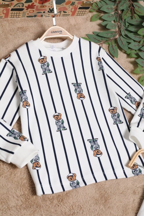 Beyaz Erkek Çocuk Çizgili Ayıcık Desenli Pijama Takımı 2-5 Yaş  25037
