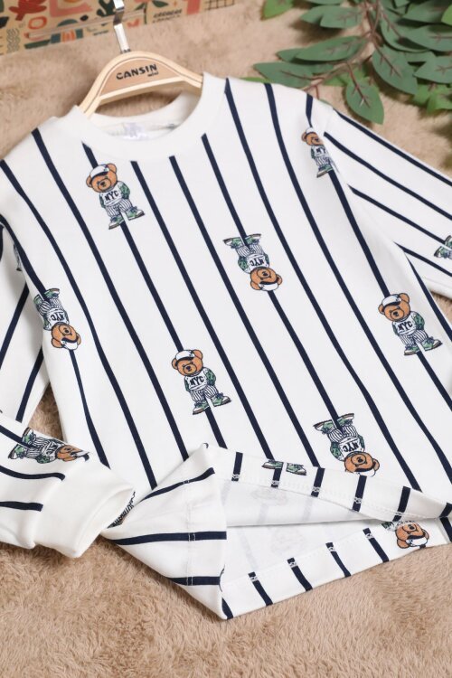 Beyaz Erkek Çocuk Çizgili Ayıcık Desenli Pijama Takımı 2-5 Yaş  25037
