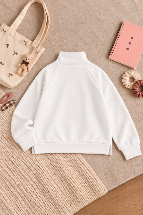 Beyaz Kız Çocuk Çin Düğmeli Fermuar Yaka Uzun Kol Sweatshirt 25117