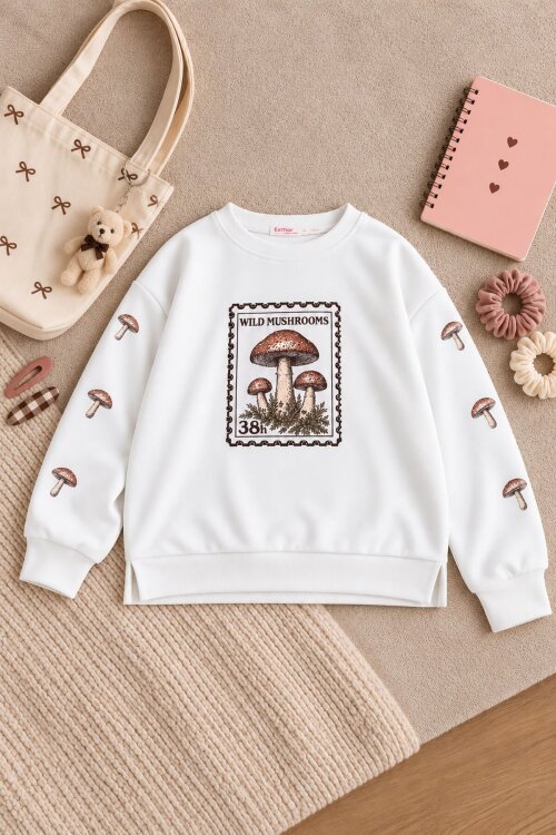 Beyaz Kız Çocuk Mushrooms Baskılı Uzun Kol Bisiklet Yaka Sweatshirt 25097