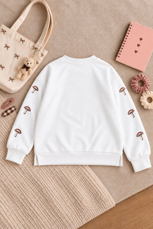Beyaz Kız Çocuk Mushrooms Baskılı Uzun Kol Bisiklet Yaka Sweatshirt 25097