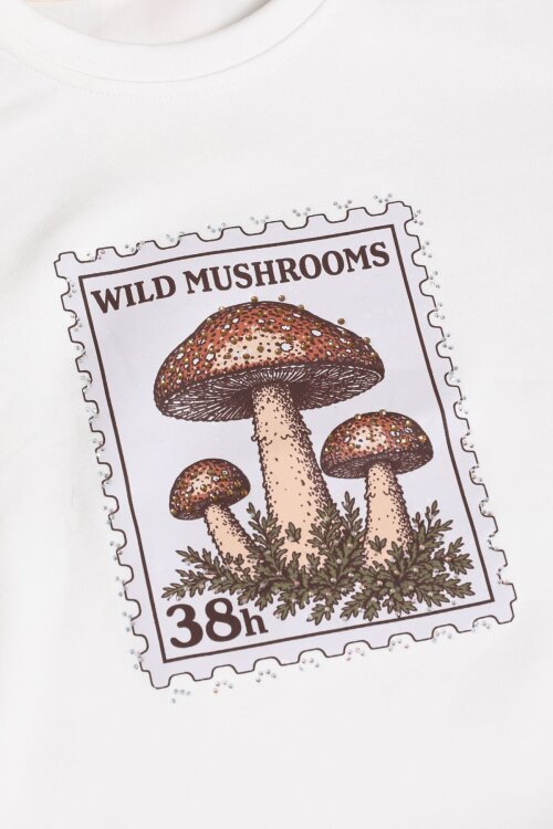 Beyaz Kız Çocuk Mushrooms Baskılı Uzun Kol Bisiklet Yaka Sweatshirt 25097