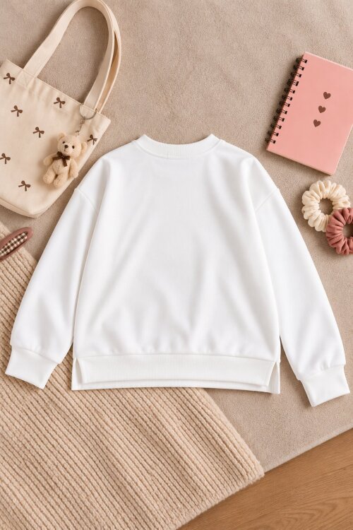Beyaz Kız Figürlü Fiyonk Detaylı Bisiklet Yaka Uzun Kol Kız Çocuk Sweatshirt 25096