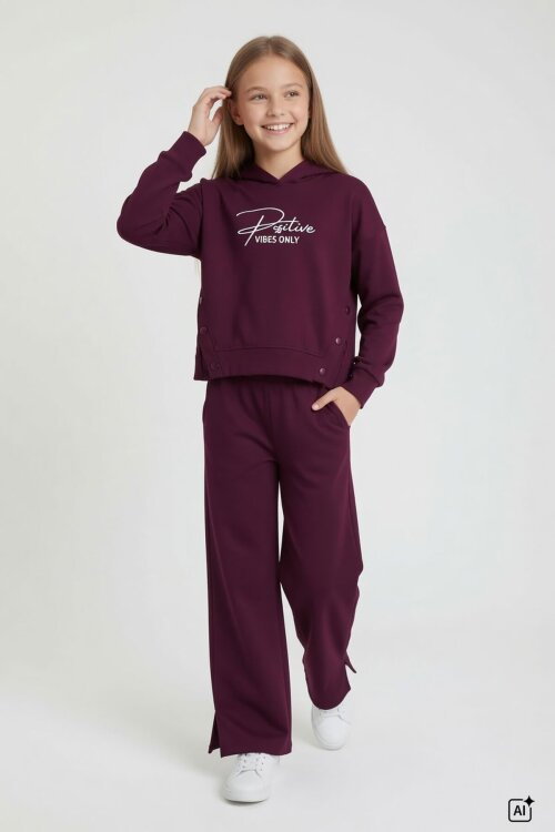 Bordo Kız Çocuk Çıtçıt Detaylı Kabartmalı Sweatshirt Geniş Paça 2li Eşofman Takımı 24765
