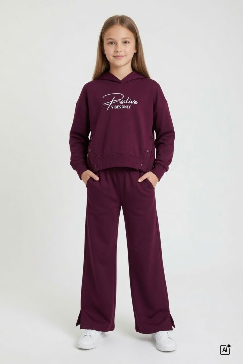 Bordo Kız Çocuk Çıtçıt Detaylı Kabartmalı Sweatshirt Geniş Paça 2li Eşofman Takımı 24765