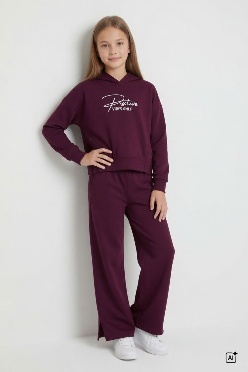 Bordo Kız Çocuk Çıtçıt Detaylı Kabartmalı Sweatshirt Geniş Paça 2li Eşofman Takımı 24765