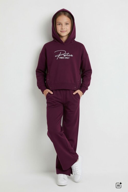 Bordo Kız Çocuk Çıtçıt Detaylı Kabartmalı Sweatshirt Geniş Paça 2li Eşofman Takımı 24765