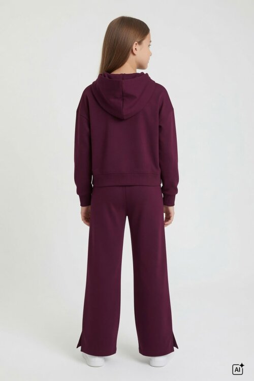Bordo Kız Çocuk Çıtçıt Detaylı Kabartmalı Sweatshirt Geniş Paça 2li Eşofman Takımı 24765
