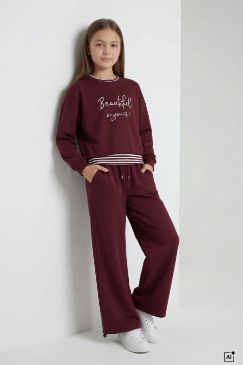 Bordo Kız Çocuk Çizgili Croplu Sweatshirt 3lü Geniş Paça Eşofman Takımı 24778