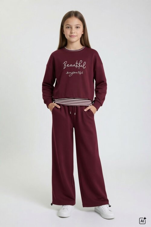 Bordo Kız Çocuk Çizgili Croplu Sweatshirt 3lü Geniş Paça Eşofman Takımı 24778