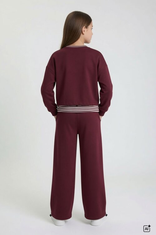 Bordo Kız Çocuk Çizgili Croplu Sweatshirt 3lü Geniş Paça Eşofman Takımı 24778