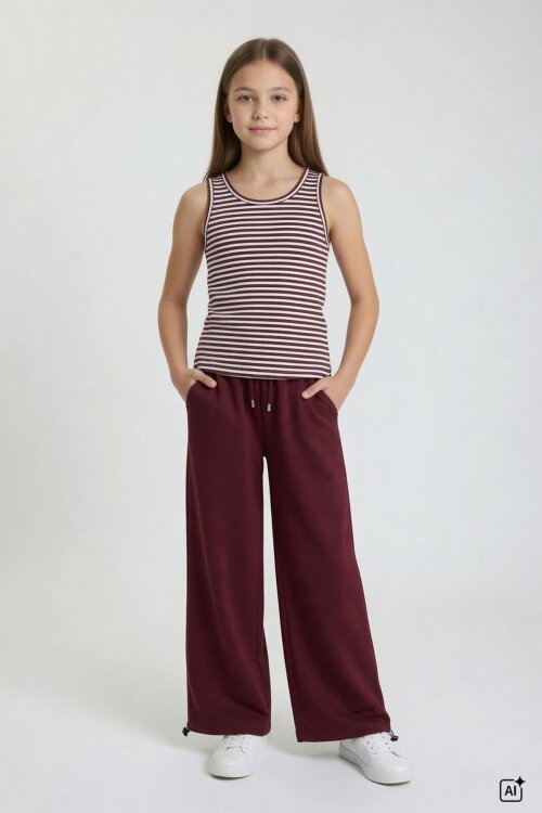 Bordo Kız Çocuk Çizgili Croplu Sweatshirt 3lü Geniş Paça Eşofman Takımı 24778