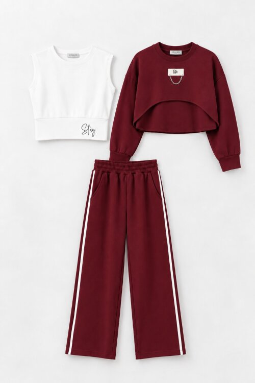 Bordo Kız Çocuk Crop Badili Zincir Detaylı Geniş Paça 3lü Takım 25002