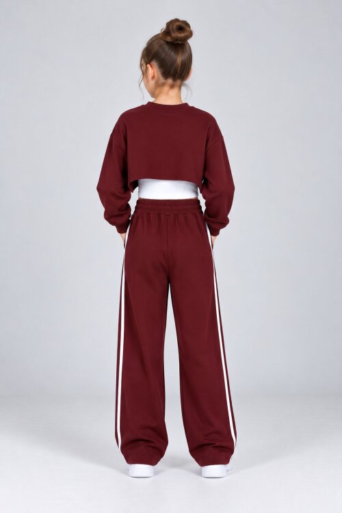 Bordo Kız Çocuk Crop Badili Zincir Detaylı Geniş Paça 3lü Takım 25002