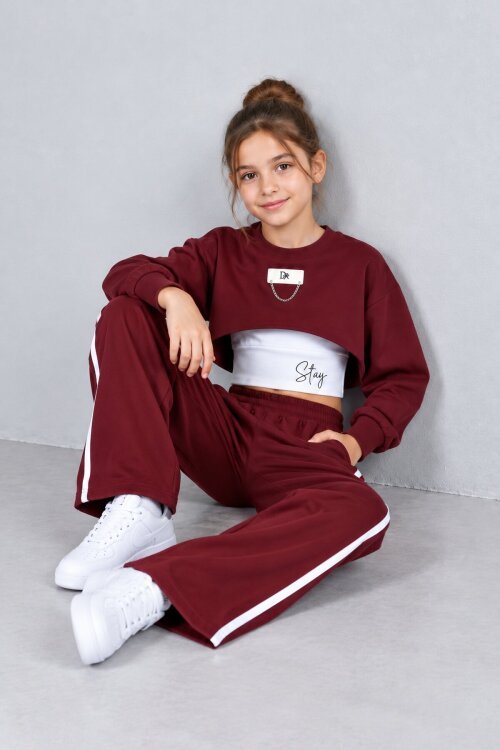 Bordo Kız Çocuk Crop Badili Zincir Detaylı Geniş Paça 3lü Takım 25002