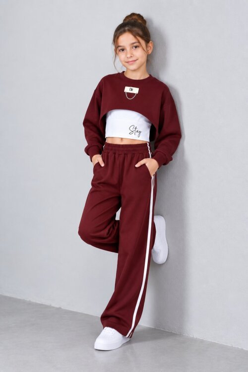 Bordo Kız Çocuk Crop Badili Zincir Detaylı Geniş Paça 3lü Takım 25002