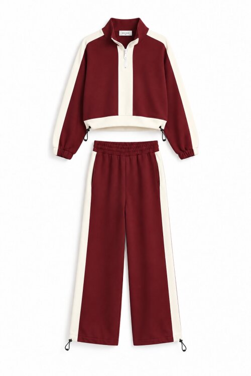 Bordo Kız Çocuk Fermuar Yaka Crop Sweatshirt Şeritli Geniş Paça Eşofman Takımı 24945