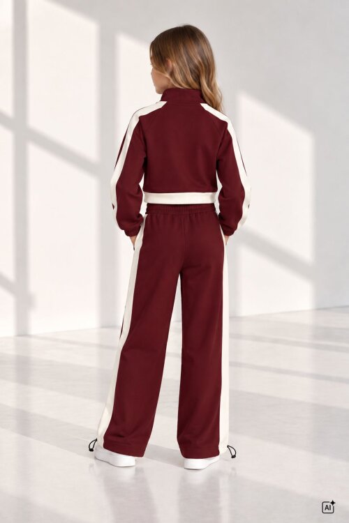 Bordo Kız Çocuk Fermuar Yaka Crop Sweatshirt Şeritli Geniş Paça Eşofman Takımı 24945