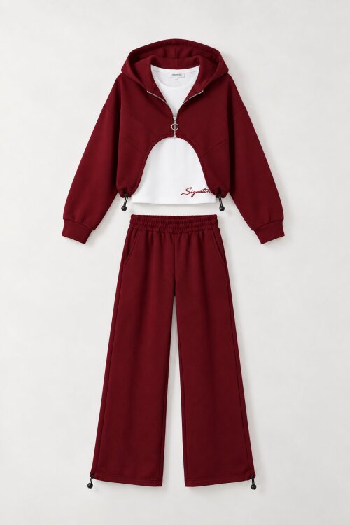 Bordo Kız Çocuk Fermuarlı Bolerolu Geniş Paça Sıfır Kol Bluzlu 3lü Takım 24997