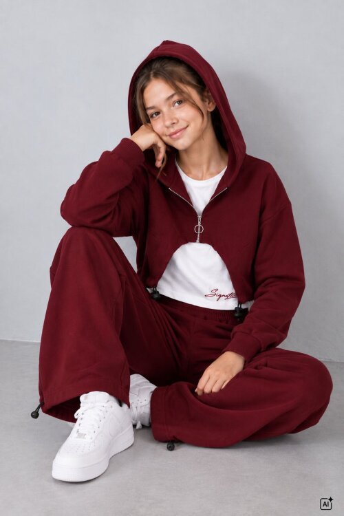 Bordo Kız Çocuk Fermuarlı Bolerolu Geniş Paça Sıfır Kol Bluzlu 3lü Takım 24997