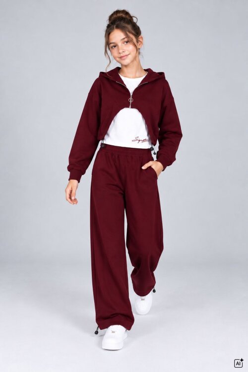 Bordo Kız Çocuk Fermuarlı Bolerolu Geniş Paça Sıfır Kol Bluzlu 3lü Takım 24997