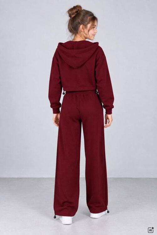 Bordo Kız Çocuk Fermuarlı Bolerolu Geniş Paça Sıfır Kol Bluzlu 3lü Takım 24997