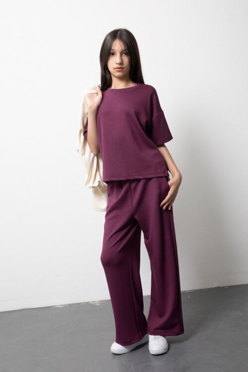 Bordo Kız Çocuk Fermuarlı Hırkalı Yazı Baskılı Geniş Paça Pantolonlu 3lü Takım 24836