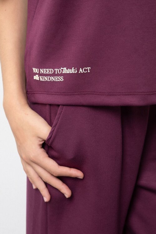 Bordo Kız Çocuk Fermuarlı Hırkalı Yazı Baskılı Geniş Paça Pantolonlu 3lü Takım 24836