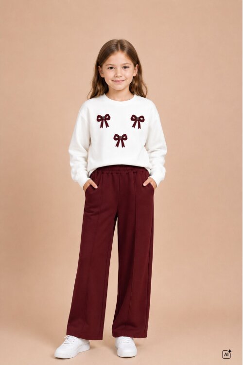 Bordo Kız Çocuk Fiyonk Desenli Sweatshirt Geniş Paça Eşofman Takımı 24828