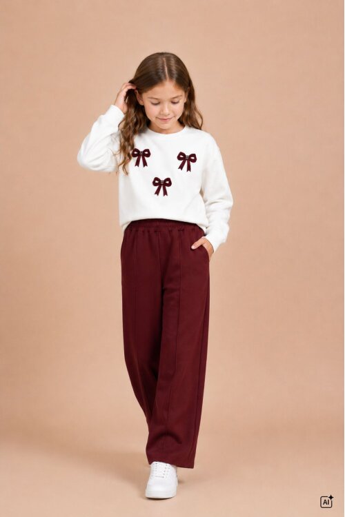Bordo Kız Çocuk Fiyonk Desenli Sweatshirt Geniş Paça Eşofman Takımı 24828