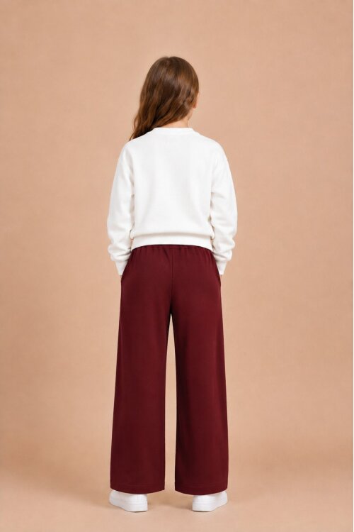 Bordo Kız Çocuk Fiyonk Desenli Sweatshirt Geniş Paça Eşofman Takımı 24828