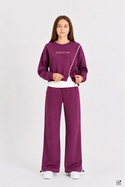 Bordo Kız Çocuk Garnili Sweatshirt Lastikli Paça Eşofmanlı 2li Alt Üst Takım 24768