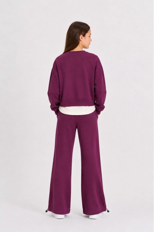 Bordo Kız Çocuk Garnili Sweatshirt Lastikli Paça Eşofmanlı 2li Alt Üst Takım 24768