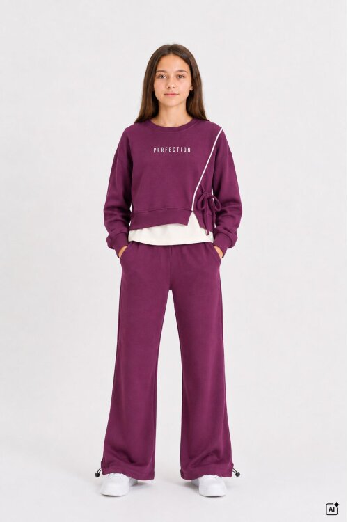 Bordo Kız Çocuk Garnili Sweatshirt Lastikli Paça Eşofmanlı 2li Alt Üst Takım 24768