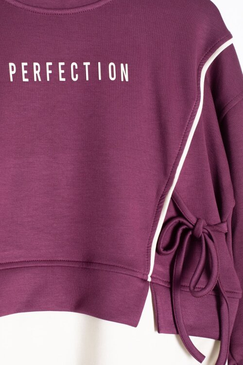 Bordo Kız Çocuk Garnili Sweatshirt Lastikli Paça Eşofmanlı 2li Alt Üst Takım 24768