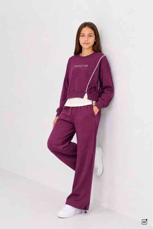 Bordo Kız Çocuk Garnili Sweatshirt Lastikli Paça Eşofmanlı 2li Alt Üst Takım 24768