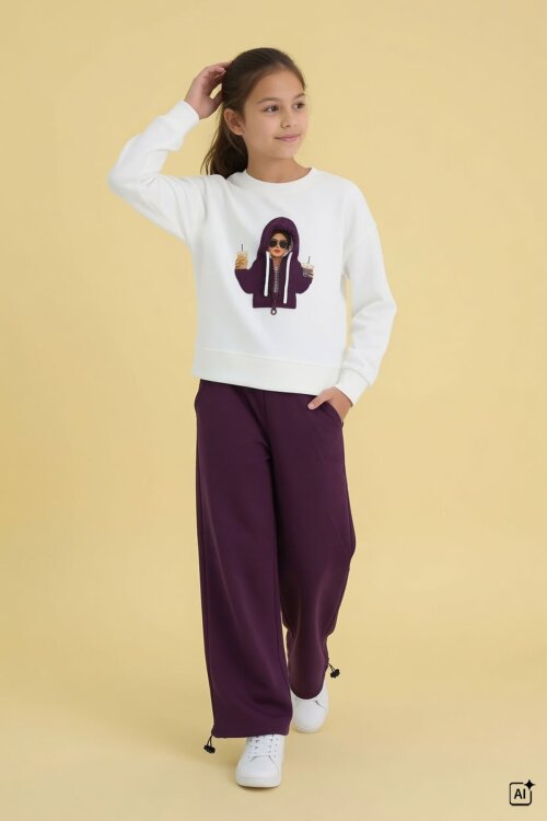 Bordo Kız Çocuk Hoodie Detaylı Sweatshirt Geniş Paça Eşofman Takımı 24781