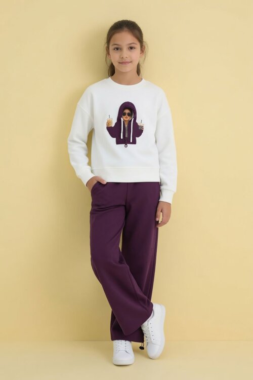 Bordo Kız Çocuk Hoodie Detaylı Sweatshirt Geniş Paça Eşofman Takımı 24781