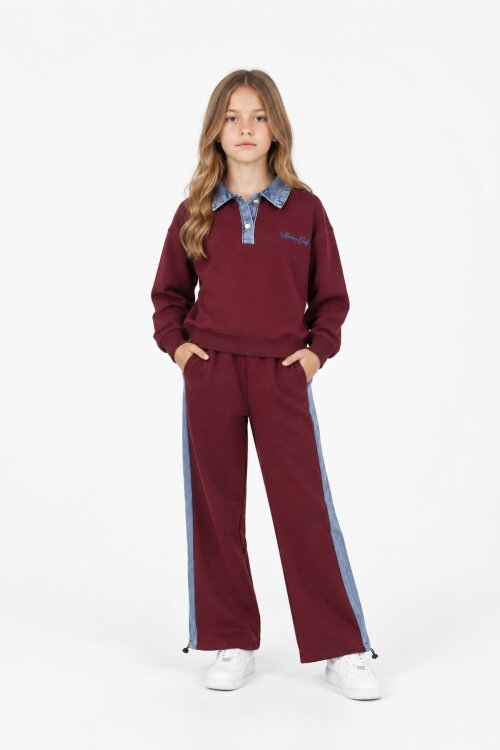 Bordo Kız Çocuk Jean Yaka Detaylı Badili Lastikli Paça Pantolonlu Takım 24982