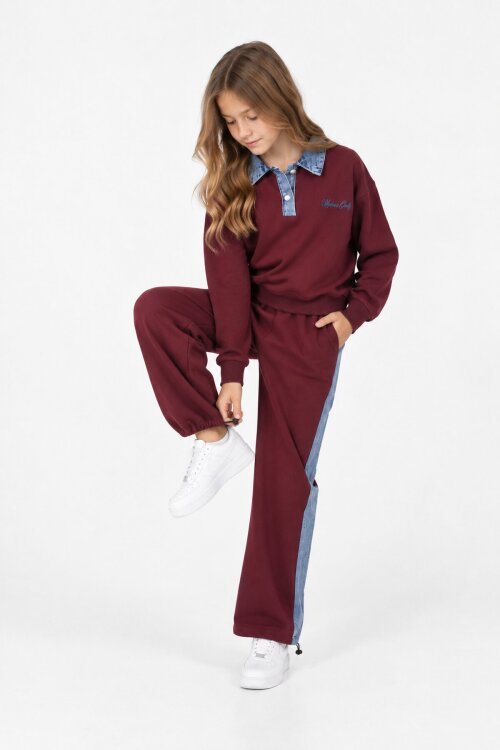 Bordo Kız Çocuk Jean Yaka Detaylı Badili Lastikli Paça Pantolonlu Takım 24982