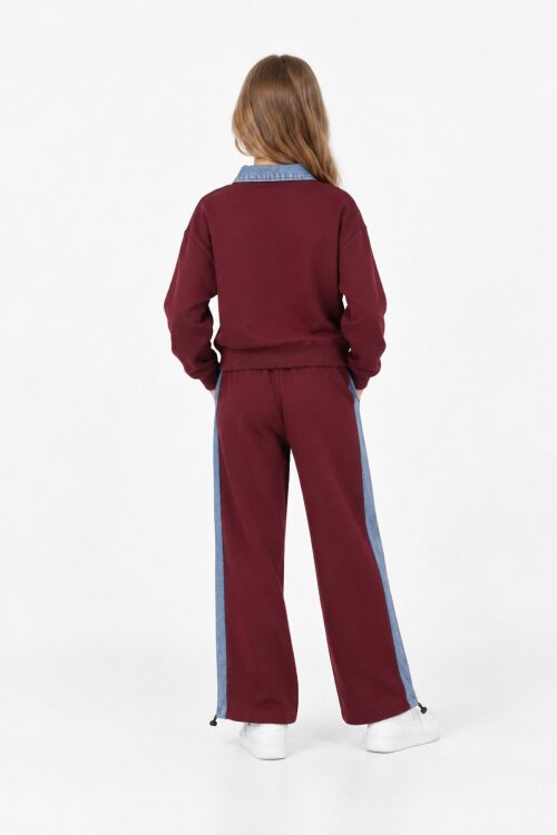 Bordo Kız Çocuk Jean Yaka Detaylı Badili Lastikli Paça Pantolonlu Takım 24982