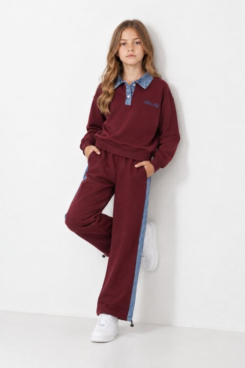 Bordo Kız Çocuk Jean Yaka Detaylı Badili Lastikli Paça Pantolonlu Takım 24982