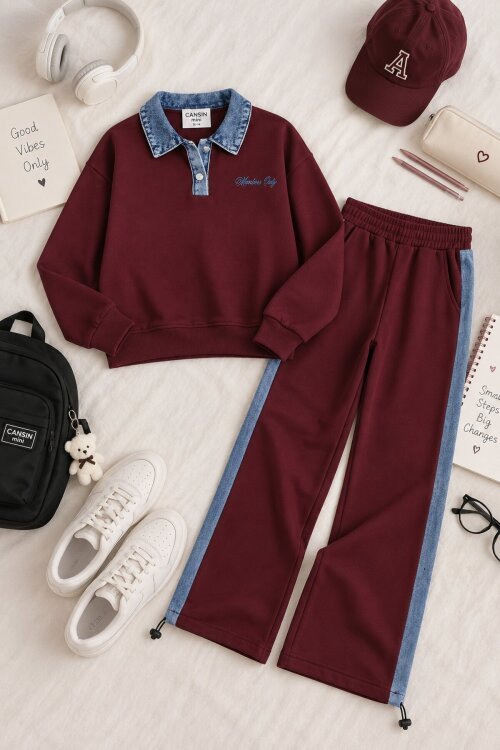 Bordo Kız Çocuk Jean Yaka Detaylı Badili Lastikli Paça Pantolonlu Takım 24982