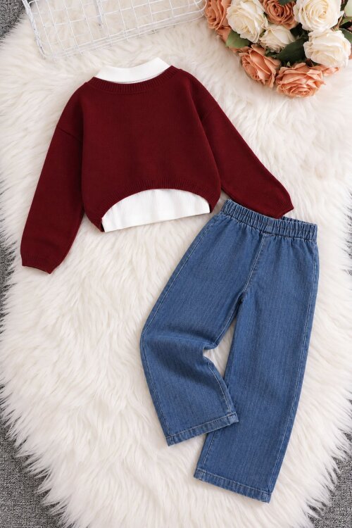 Bordo Kız Çocuk Kalp İşlemeli Trikolu Jean Pantolonlu 3lü Badili Takım 25066