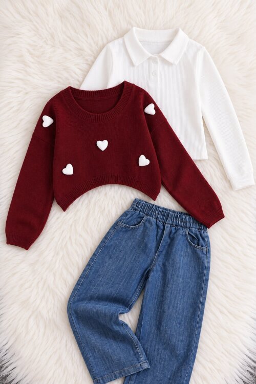 Bordo Kız Çocuk Kalp İşlemeli Trikolu Jean Pantolonlu 3lü Badili Takım 25066