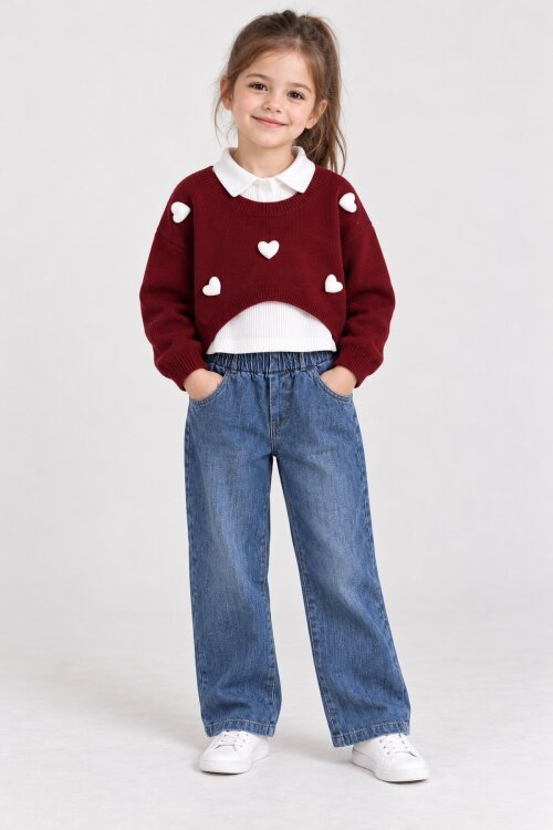 Bordo Kız Çocuk Kalp İşlemeli Trikolu Jean Pantolonlu 3lü Badili Takım 25066
