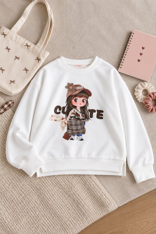 Ekru Kız Çocuk Cute Yazılı Çanta Detaylı Bisiklet Yaka Sweatshirt 25099